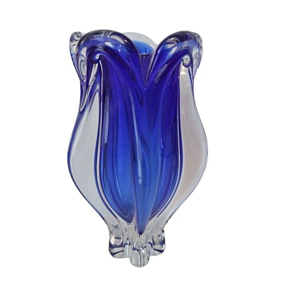Vintage Bohemia Josef Hospodka Czech Art Glass Vase Cobalt Blue & Clear MCM - Picture 2 of 6